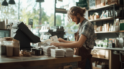 Fototapeta premium small business owner is carefully counting money at the cash register, with receipts and products spread across the counter. The shot captures a moment of concentration, showcasing