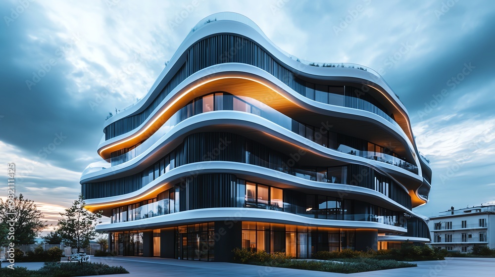 Poster modern building with unique curved design.
