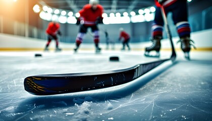 Dynamic Ice Hockey Action with Stick and Puck on Rink, Skater in Background Showcasing Competitive Spirit in Winter Sports