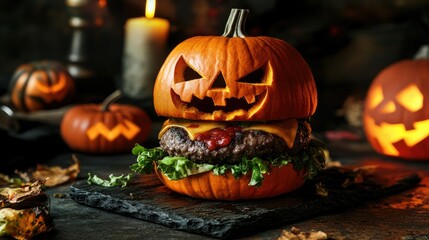 Fototapeta premium Creative Halloween burger with a pumpkin-shaped bun and thick beef patties, perfect for a spooky holiday meal. A fun twist for Halloween food concepts.
