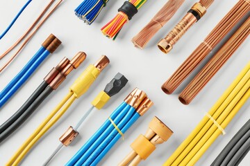 Electrical wires and connectors arranged on a light background, showcasing various colors like blue, yellow, copper, and more, highlighting their importance in modern technology