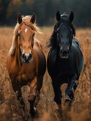 Obraz premium Brown and black horses running in a field at night 