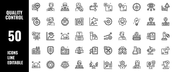 50 Quality Control Icons Set Pack Line Editable Vector Illustration