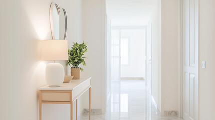 Heart-shaped mirror positioned prominently in a sleek Scandinavian hallway. The scene includes a narrow, minimalist console table beneath the mirror, adorned with a small, decorati