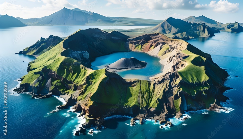 Wall mural breathtaking volcanic island emerging from clear blue waters with stunning crater views, showcasing 