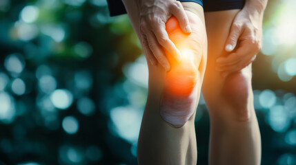 A person suffering from knee pain while jogging in a natural setting during daylight, showing signs of discomfort and concern for their injury