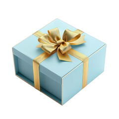 Obraz premium A light blue gift box with a golden ribbon, symbolizing celebration and giving.