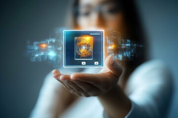 Data Protection Trends. Futuristic digital AI brain hologram floating above hand, technology innovation concept for business presentations, science projects, cyber security, with glowing blue backgro