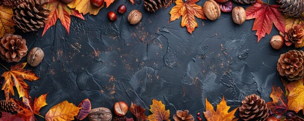 A collection of fall leaves, pinecones, and nuts arranged on a textured surface, evoking the warmth of autumn. Free copy space for text.