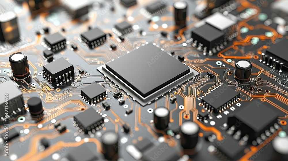 Aufkleber detailed view of a wireless audio circuit with microchips and resistors, isolated on a white backgro