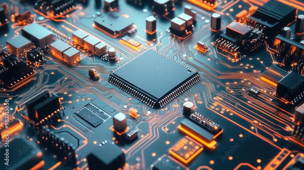 Aufkleber detailed view of a wireless audio circuit with microchips and resistors, isolated on a white backgro