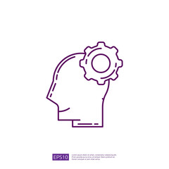 Purple line icon of a human head with a gear on top representing brainwork and problem solving. Vector illustration.