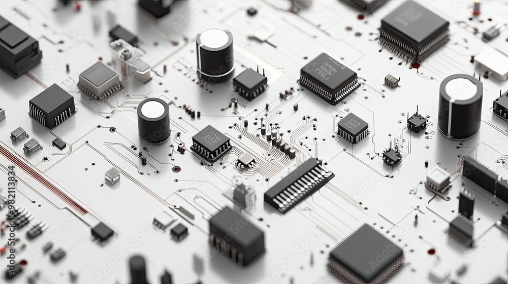 Poster detailed wireless audio circuit with components like transistors and capacitors, set on a white back