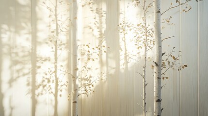 Serene misty forest scene with sunlight passing through birch trees, creating gentle shadows and highlighting the soft ambiance of nature.