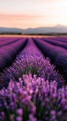 Obraz premium Breathtaking lavender field under a serene sky, showcasing vibrant purple blooms in rows, perfect for nature enthusiasts and relaxation.