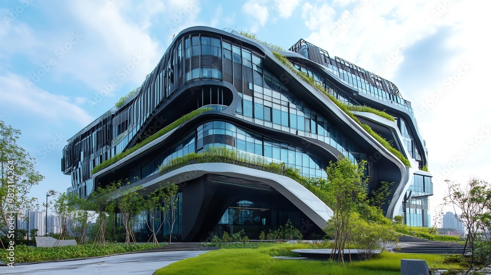 Poster modern architecture with green rooftop and curved lines.