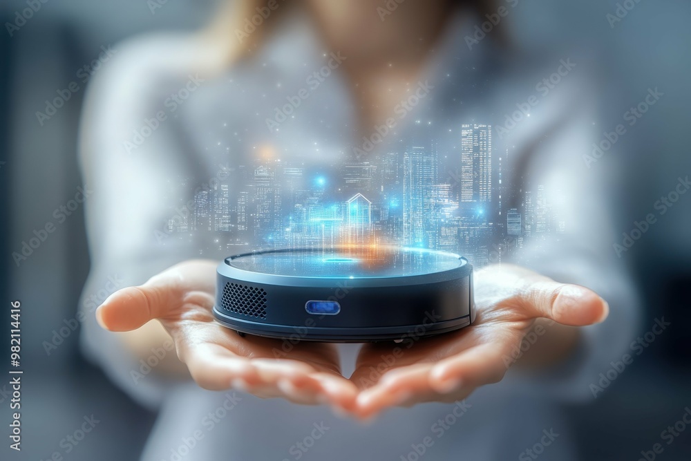 Aufkleber smart home security. futuristic technology device projecting 3d hologram data visualization in hands