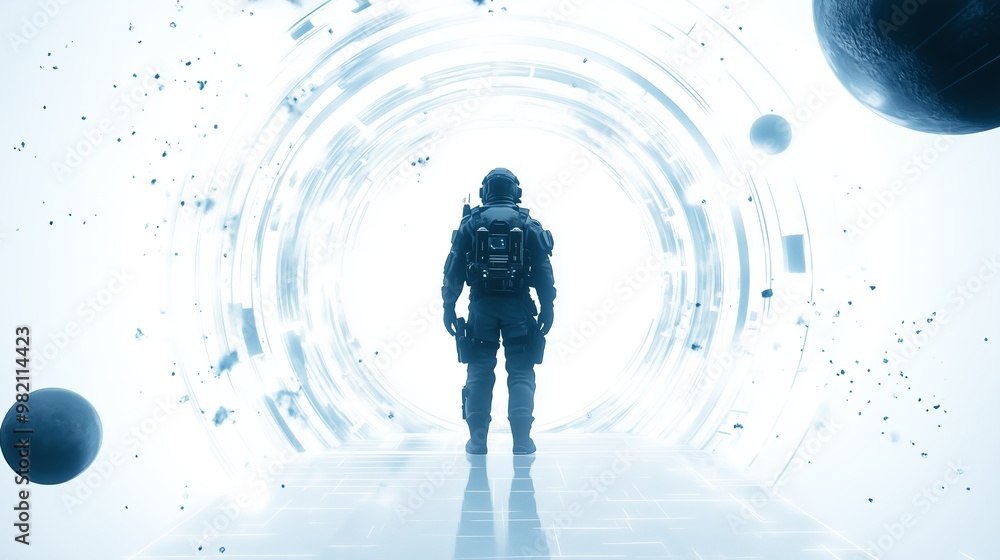 Poster astronaut standing at the threshold of a cosmic portal in a surreal interstellar environment