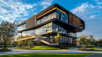 Fototapeta premium A modern office building with a glass facade and a landscaped courtyard.