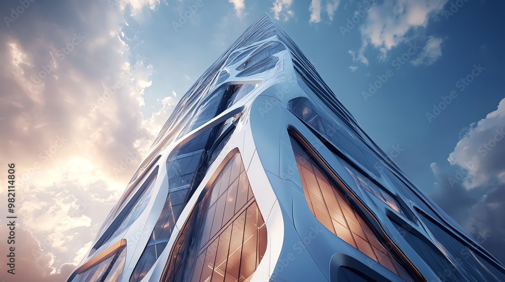 Poster a futuristic skyscraper with a unique and complex design.