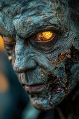 A close-up of a zombie weathered face, dirt-covered and half-decomposed, with one glowing eye, against a backdrop of a western town in shadows. The blurred street behind leaves space for text