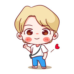 Cute boy waving hand wearing tee shirt cartoon character. Korean style fashion. People expression concept design. Chibi vector illustration. Isolated white background