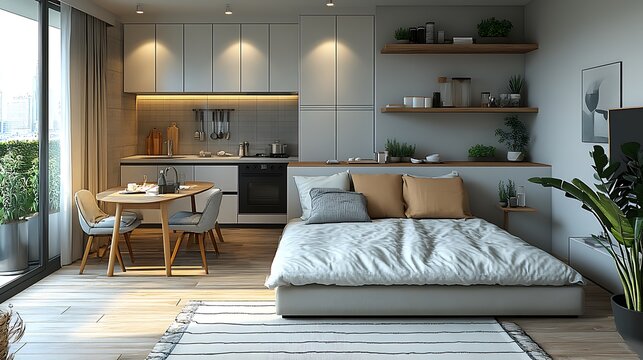 Minimalist studio apartment sketch with a multifunctional layout, including a sofa bed, a small dining table for two, and a compact kitchen. The design is clean and modern,