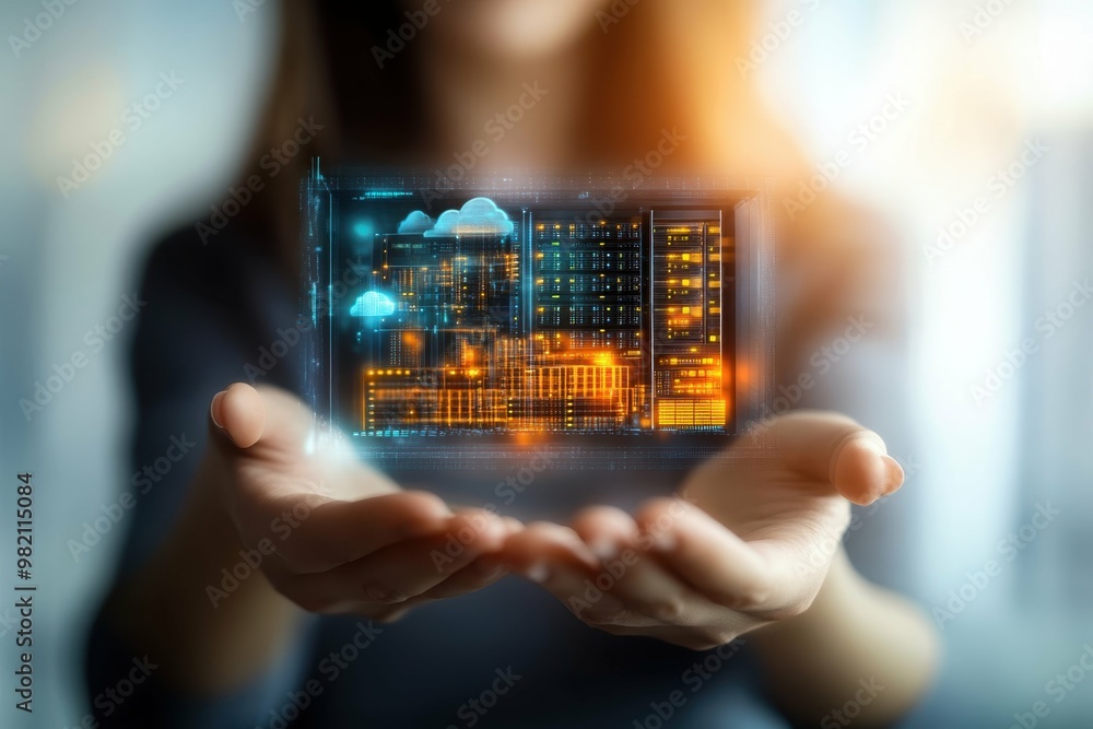 Poster hologram of a server rack from cloud computing in womans hands