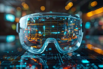 Clear futuristic goggles with a blue and orange digital display over a glowing blue circuit board. AI generative. .