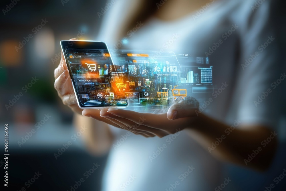Poster smart home devices. futuristic technology concept showing digital holographic interface with data an