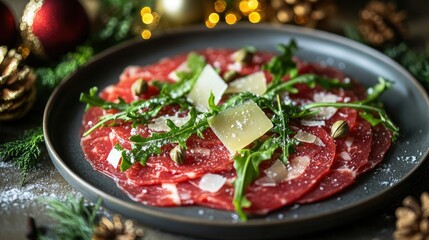 Festive beef carpaccio served on a holiday-themed plate, garnished with arugula, parmesan, and capers, creating an elegant Christmas appetizer.