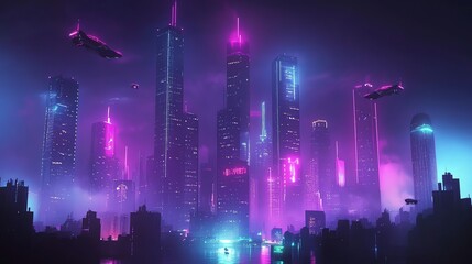 Obraz premium Futuristic city skyline with neon lights and flying vehicles.