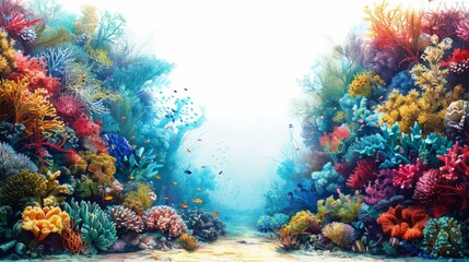 Fototapeta premium Colorful coral reef with fish and clear blue water in the background. AI generative. .