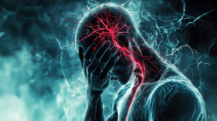 A person holding their head in despair, illustrating the physical and emotional pain of stress and anxiety in a striking digital representation