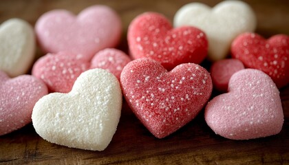 Obraz premium Valentines Day Background. Red, Pink, White Sugar Candy Hearts On A Brown Wood Table.