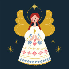 Merry Christmas card folk art design vector. Wallpaper with angel, sparkle on navy blue background. Illustration design for sticker, card, poster, invitation, greeting.