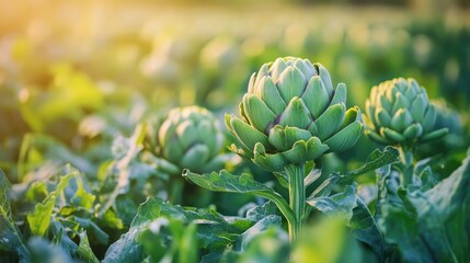 Fototapeta premium Fresh artichokes growing in a sustainable German slow food farm, with lush green fields and healthy plants ready for harvest. Organic farming focus.