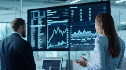 modern office with business professionals discussing financial reports and charts on a large screen. The charts show steep increases in inflation and economic indicators of crisis.