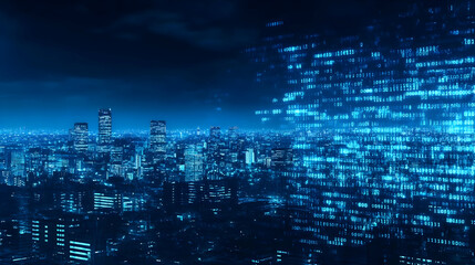 Digital Code Overlays a Nighttime Cityscape, Illustrating the Integration of Technology and Urban Life