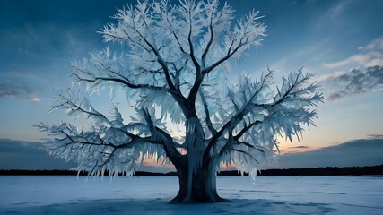 a tree with ice on it and the water in the background.