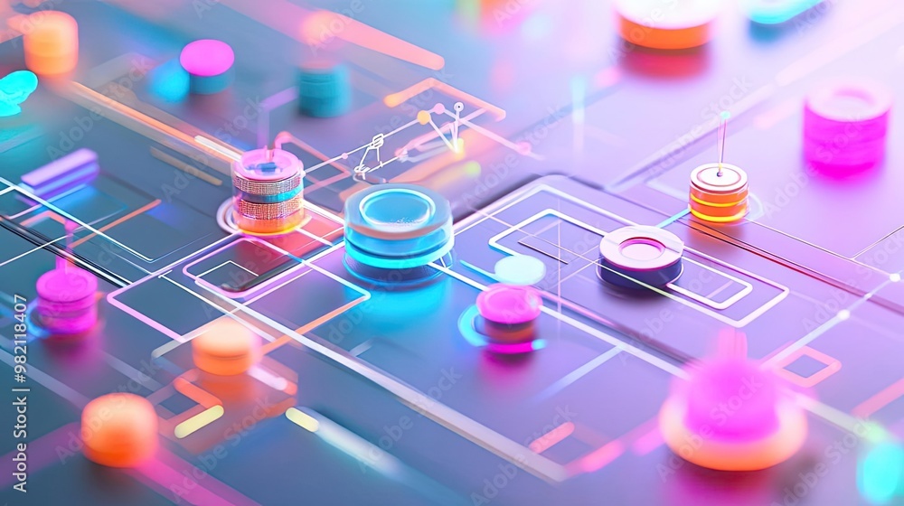 Poster a vibrant digital circuit board with colorful neon lights, showcasing intricate patterns and glowing