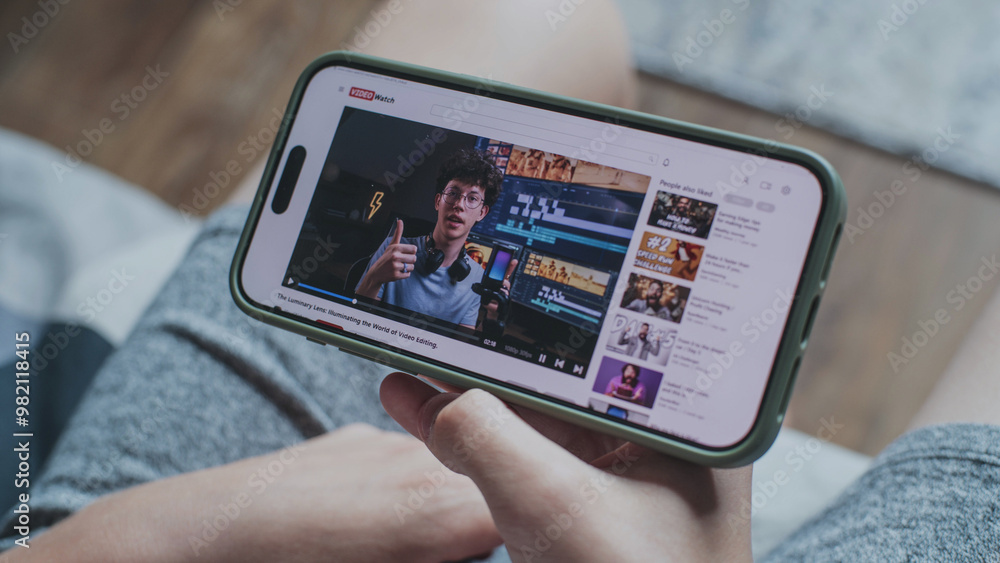 Poster video sharing platform with blogger content about video editing displayed on smartphone screen. clos