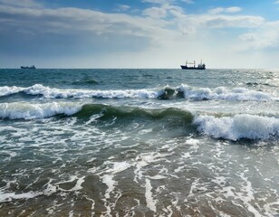 three waves near the shore. a blurred ship on the horizon. Sea waves, water tide. sea ​​view. the waves are approaching the shore