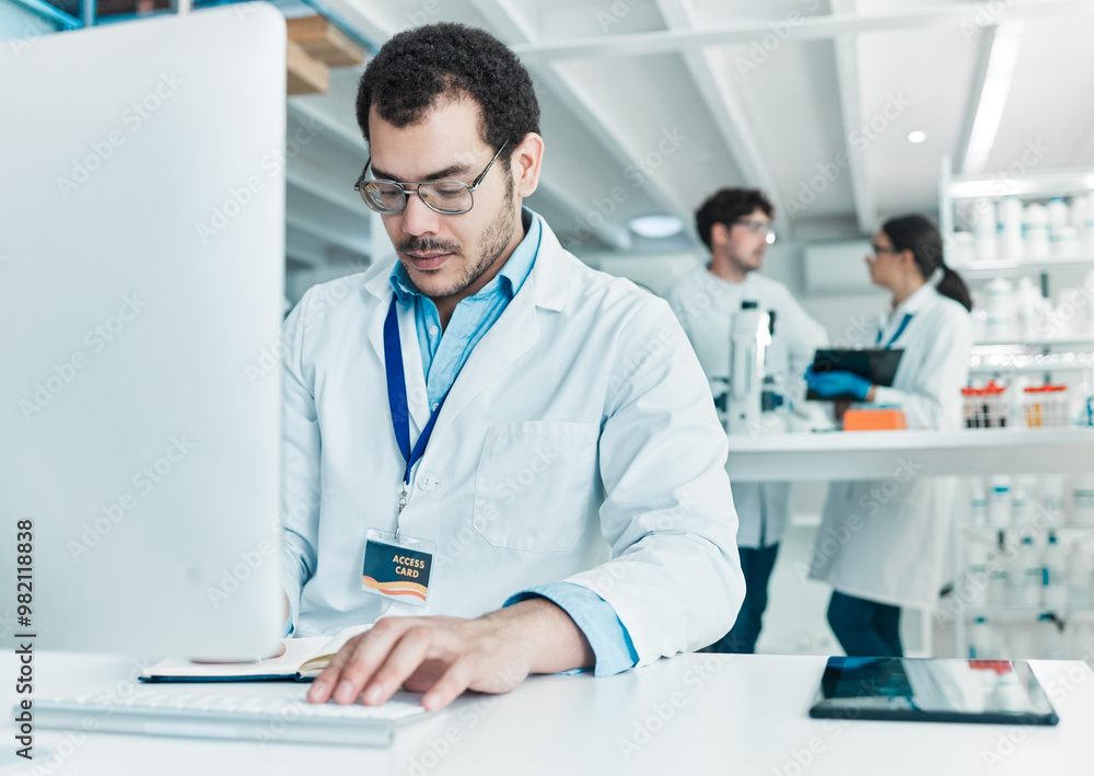 Poster laboratory, computer and man with writing for research, information and science investigation. healt