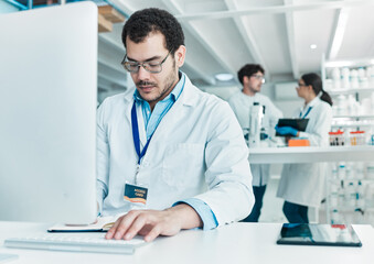 Laboratory, computer and man with writing for research, information and science investigation....