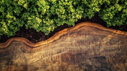 Top view of rustic wooden surface with green foliage edge. Nature-inspired design texture perfect for backgrounds and presentations.