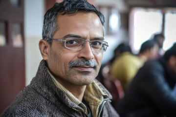 Introspective Moment in the Cafeteria. An Indian man with glasses and a mustache lost in thought in a busy dining hall.
