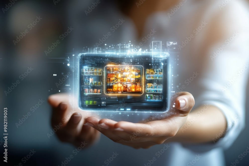 Poster hologram of a vending machine from automated retail in womans hands