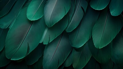 Obraz premium A close-up view of dark green feathers with a smooth texture, creating a deep, rich pattern of overlapping feathers in a natural and harmonious arrangement