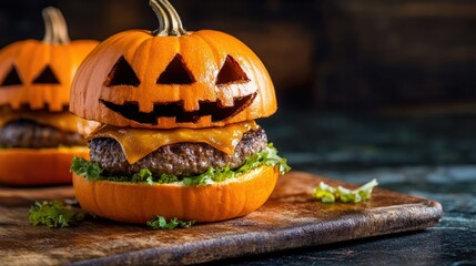 Halloween burger with a pumpkin-head roll and thick beef patties, designed for the spooky season. A creative and festive food idea for holiday parties.
